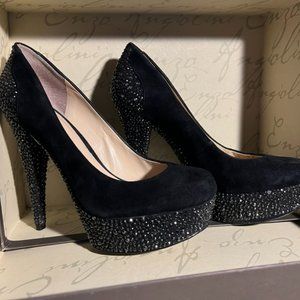 Black Suede and Rhinestone Enzo Angiolini Platform Pumps